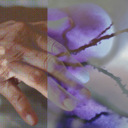 Overlay of hands with abstract purple and black lines in the background.