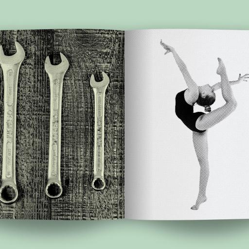 An open book reveals three wrenches on the left page and a dancer balancing gracefully on the right, set against a green background, embodying a skills-powered future where craftsmanship and artistry unite.