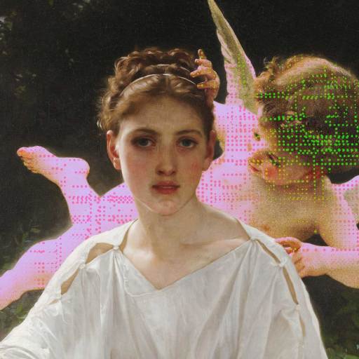 A young woman in a white dress sits in front of a digital representation of Cupid with pink and green pixels. The background features a landscape with trees.