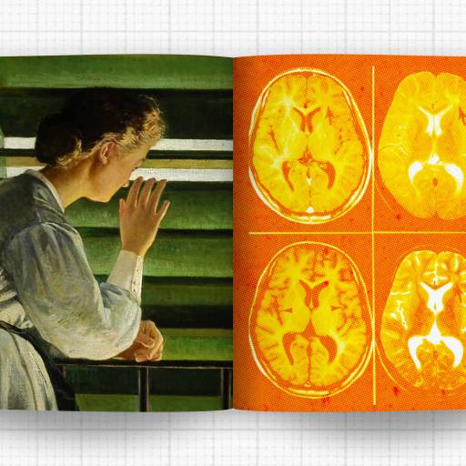 A book spread showing a painting of a person, eyes filled with curiosity, looking outside on the left and four brain scan images on the right, overlaid on an orange background.