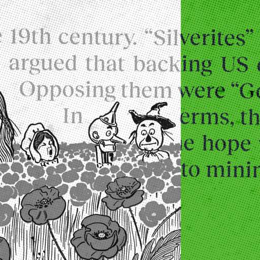 In a black and white illustration, four cartoon characters stand among poppies, set against a fantasy world backdrop. Overlaid text delves into the 19th-century currency debate, highlighting the clash between "Silverites" and "Goldbugs," merging historical intrigue with imaginative charm.