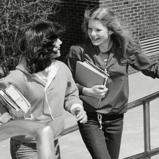 Two friends walking up outdoor stairs, holding books and smiling at each other, their camaraderie evident in every step.