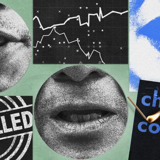 Collage featuring mouths, graphs, and text elements: a bold "CANCELLED" stamp, line graphs indicating a tipping point, and "change coming," all set against the backdrop of a striking matchstick.