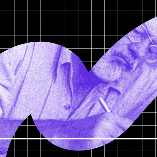 An older man with glasses writes on paper, superimposed on a graph with a wavy purple line on a black grid background, evoking the Hemingway effect.