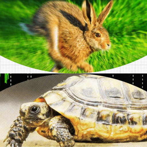 A rabbit on grass above a tortoise on sand, with graph-like lines in the background, symbolizes long-term thinking.