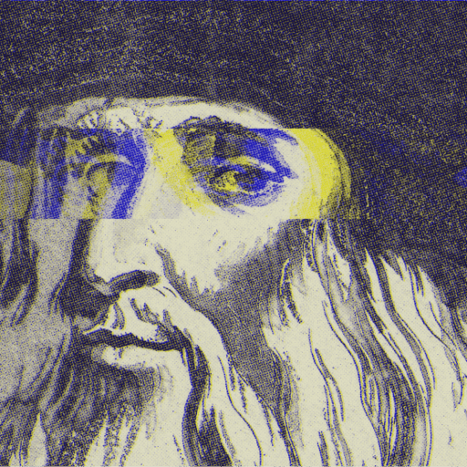 A glitch art depiction of an old sketch reminiscent of Da Vinci, featuring a bearded man in a hat with digital distortion weaving through his face.