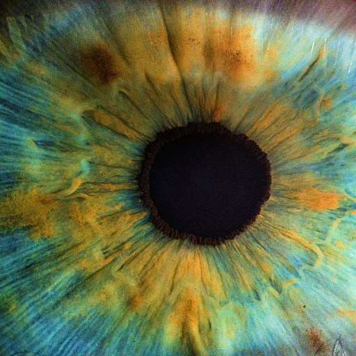 Close-up image of a human iris featuring vibrant blue and yellow hues with a dark pupil in the center.