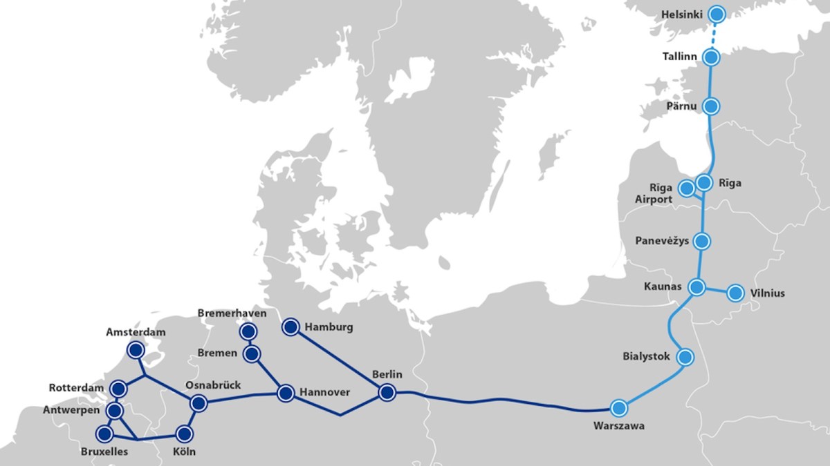 Map displaying a rail route from Helsinki to Bruxelles, passing through cities like Tallinn, Riga, Warsaw, Berlin, and Hamburg. Northern and Central Europe countries are labeled.