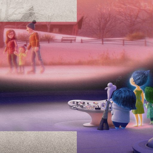 Animated characters observe a family walking in a snowy scene through a viewing screen, inside a control room.