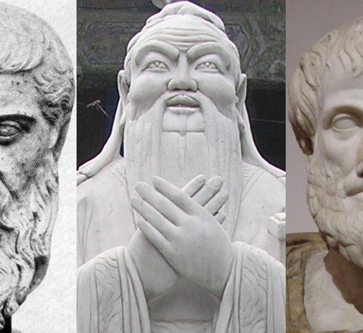 Three sculptures depict philosophers with beards, featuring detailed facial expressions and robes.