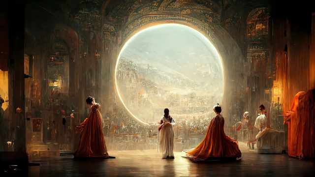 A grand, ornate setting with three figures in flowing attire standing before a large, luminous circular window overlooking a vibrant cityscape.