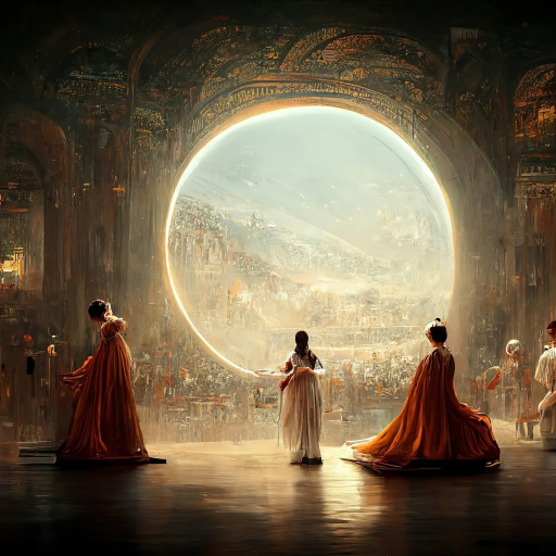 A grand, ornate setting with three figures in flowing attire standing before a large, luminous circular window overlooking a vibrant cityscape.