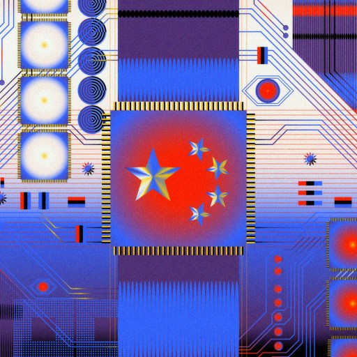 Abstract digital art featuring geometric shapes, circuitry patterns, and a central star motif on a blue and red background.