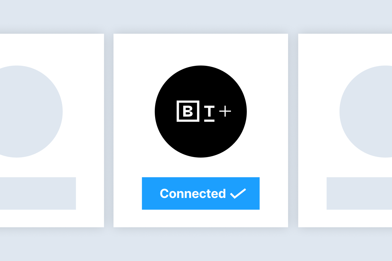 A digital interface showing a black circle with "B" and "T+" inside, and a blue button below with the text "Connected" and a checkmark.