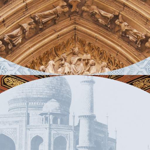 Collage of architectural designs: a detailed stone arch with sculptures reflecting ancient architecture, an ornate geometric pattern, and a faded image of the Taj Mahal.
