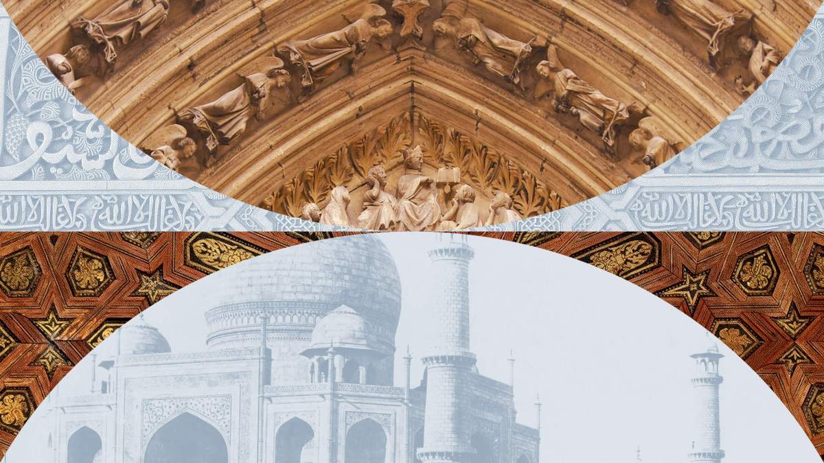 Collage of architectural designs: a detailed stone arch with sculptures reflecting ancient architecture, an ornate geometric pattern, and a faded image of the Taj Mahal.
