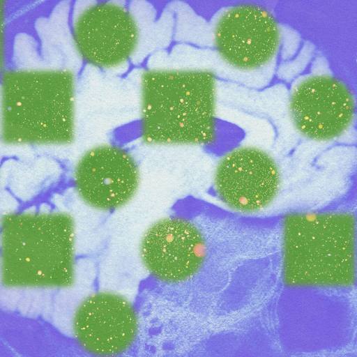 MRI scan of a brain side profile overlaid with green squares and circles, set against a purple background.