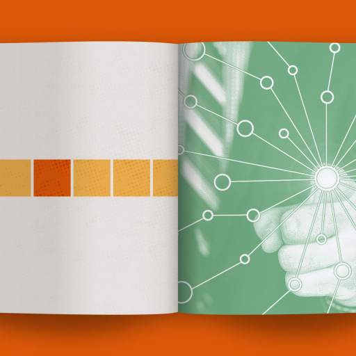 An open book with abstract designs: the left page displays a horizontal row of color blocks, while the right page features a hand touching a network of connected circles, highlighting strong connections.