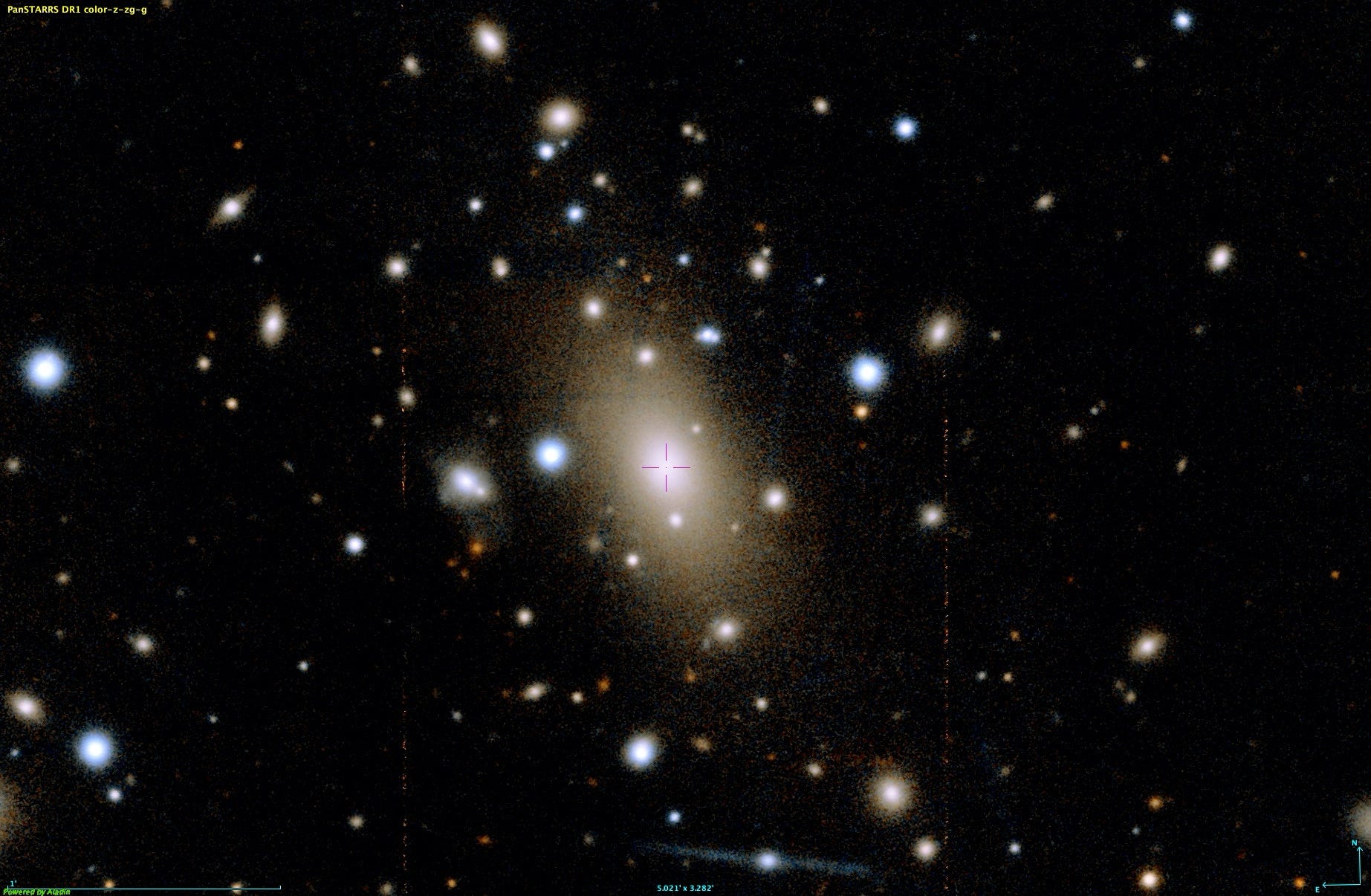 A sky full of stars with a large central galaxy, surrounded by smaller galaxies and bright spots on a dark background.