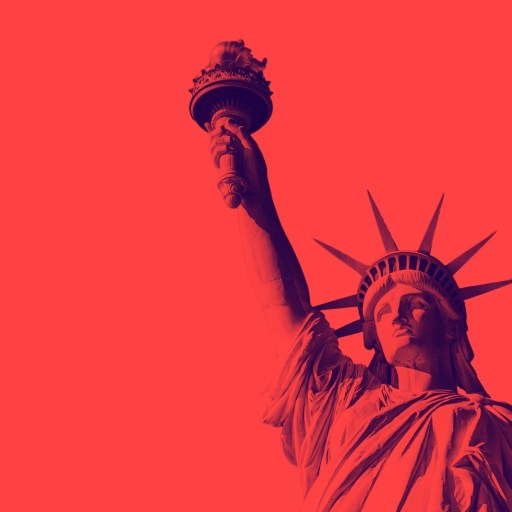 A stylized image of the Statue of Liberty with a red overlay subtly symbolizes resilience and freedom, evoking thoughts on life expectancy.