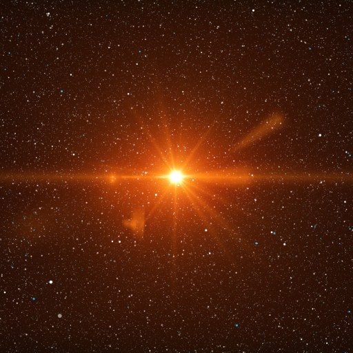 Bright orange star surrounded by a dense field of smaller white stars in space.