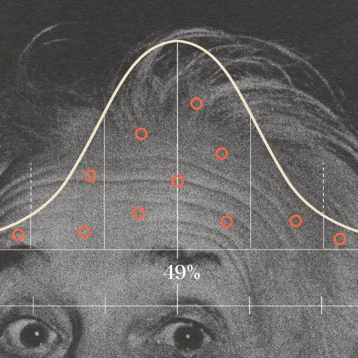 An abstract illustration features a bell curve with red dots and a percentage labeled 49%. The background includes a monochrome portion of a face with wide-open eyes peeking below the curve.