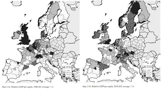 Two maps show relative GDP per capita in Europe comparing 1900 and 2010. Darker shades indicate higher GDP relative to the EU average.