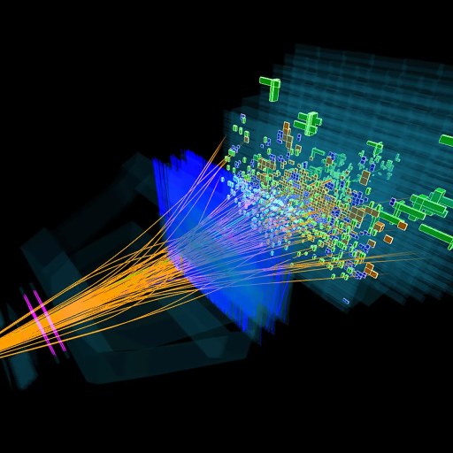 A digital visualization displays particle collision results with colored tracks and trails diverging from a central point against a black background, hinting at how B-mesons might break the standard model.