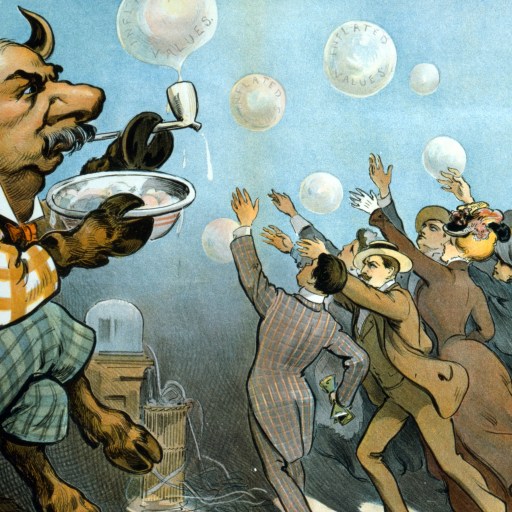 A large anthropomorphic figure blows bubbles labeled with financial terms, while a crowd of people chase after them, unaware of the bubble revisionism at play.