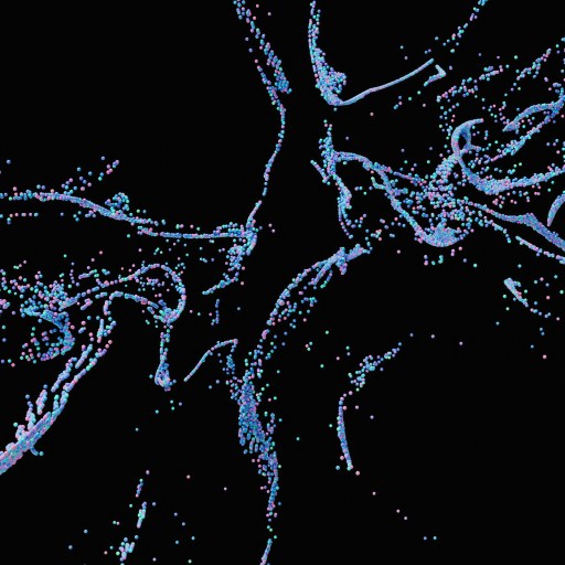 Abstract image of blue and pink particles on a black background, creating swirling patterns reminiscent of leading with AI innovations.