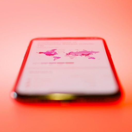 A smartphone with a red case displays a world map on the screen, set against a vibrant orange background.