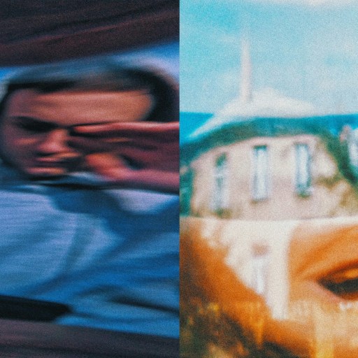 Blurred split image: left depicts a person in a hoodie with their hand raised, capturing shifting moods; right features an abstract view with part of a face and a building overlay.