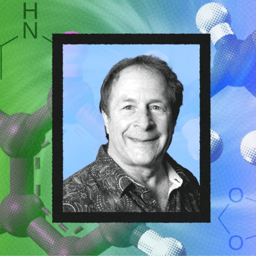Portrait of a smiling man in front of a background featuring chemical structures and molecular models in green and blue hues.