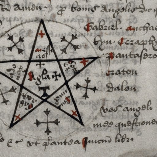 An ancient manuscript page featuring a large pentagram entwined with themes of necromancy, its red and black text evoking forbidden rituals. Surrounding it are mysterious symbols in various languages, while a faint illustration of a seated figure lingers on the right.