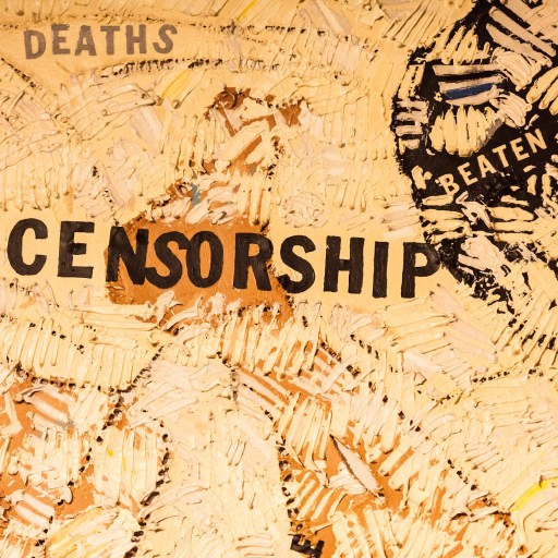 A textured, abstract artwork prominently features the word "CENSORSHIP" in bold black, flanked by stark words like "BEATEN," "DEATHS," and "IRON FIST." The beige backdrop subtly hints at government influence, blending shadows of science with restraint.