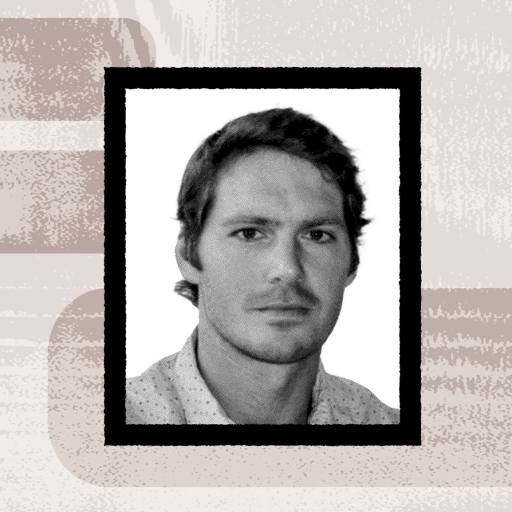 A grayscale portrait of a man with short hair, wearing a collared shirt, is framed within a colorful, abstract background that symbolizes progress with less reliance on cellphones.