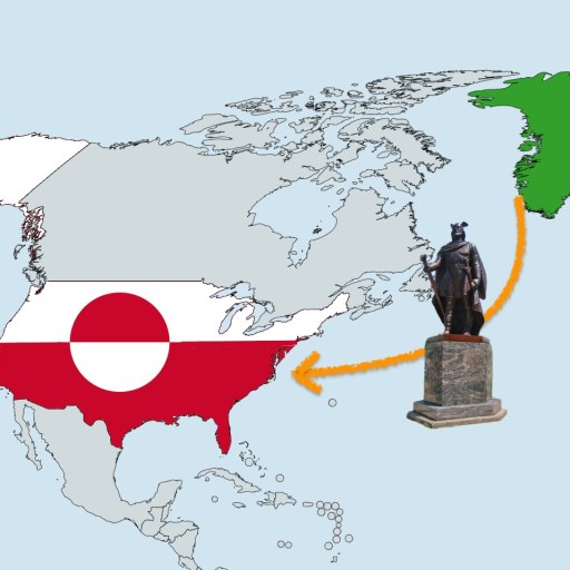 A map showing Greenland in green and the United States in red with a statue connected by arrows, indicating movement or relation between the two locations.