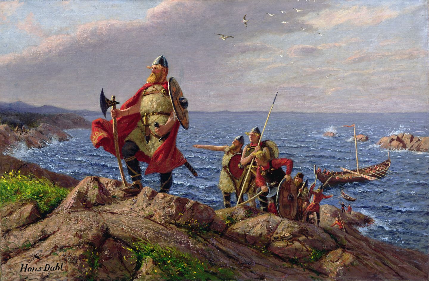 Viking explorers stand on a rocky shore with weapons and shields, overlooking the sea. Their longship is visible in the water.