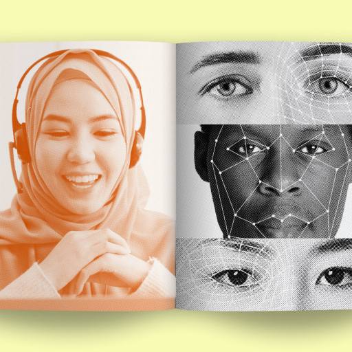 An open magazine reveals a woman wearing a hijab and headphones on one page, with de-bias technology illustrations mapping the faces of three individuals on the opposite page.