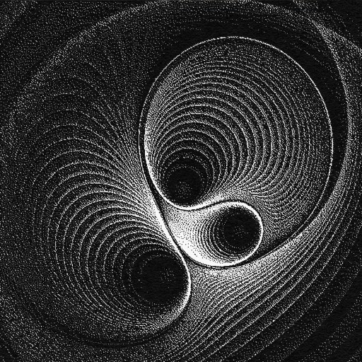 Black and white abstract design featuring swirling, concentric patterns resembling a ripple effect with a yin-yang-like motif at the center.