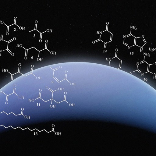 Chemical structures over an image of a planet with a dark background, resembling a scientific illustration of molecular compounds in space exploration.