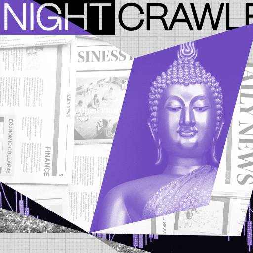 Collaged image with a Buddha statue, newspapers on finance, and text "The Nightcrawler" against a grid background. Featuring stock market graph details, it embodies the concept of mujo—impermanence—in the ever-changing financial landscape.