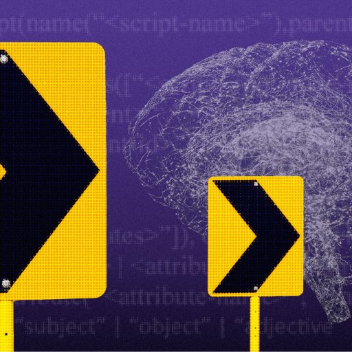 Image of three yellow road signs with black right arrows, set against a purple background featuring a faint outline of a brain.