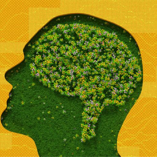 A silhouette of a head brimming with green grass and tiny flowers forms a brain-like shape, embodying sentience against a yellow textured background.