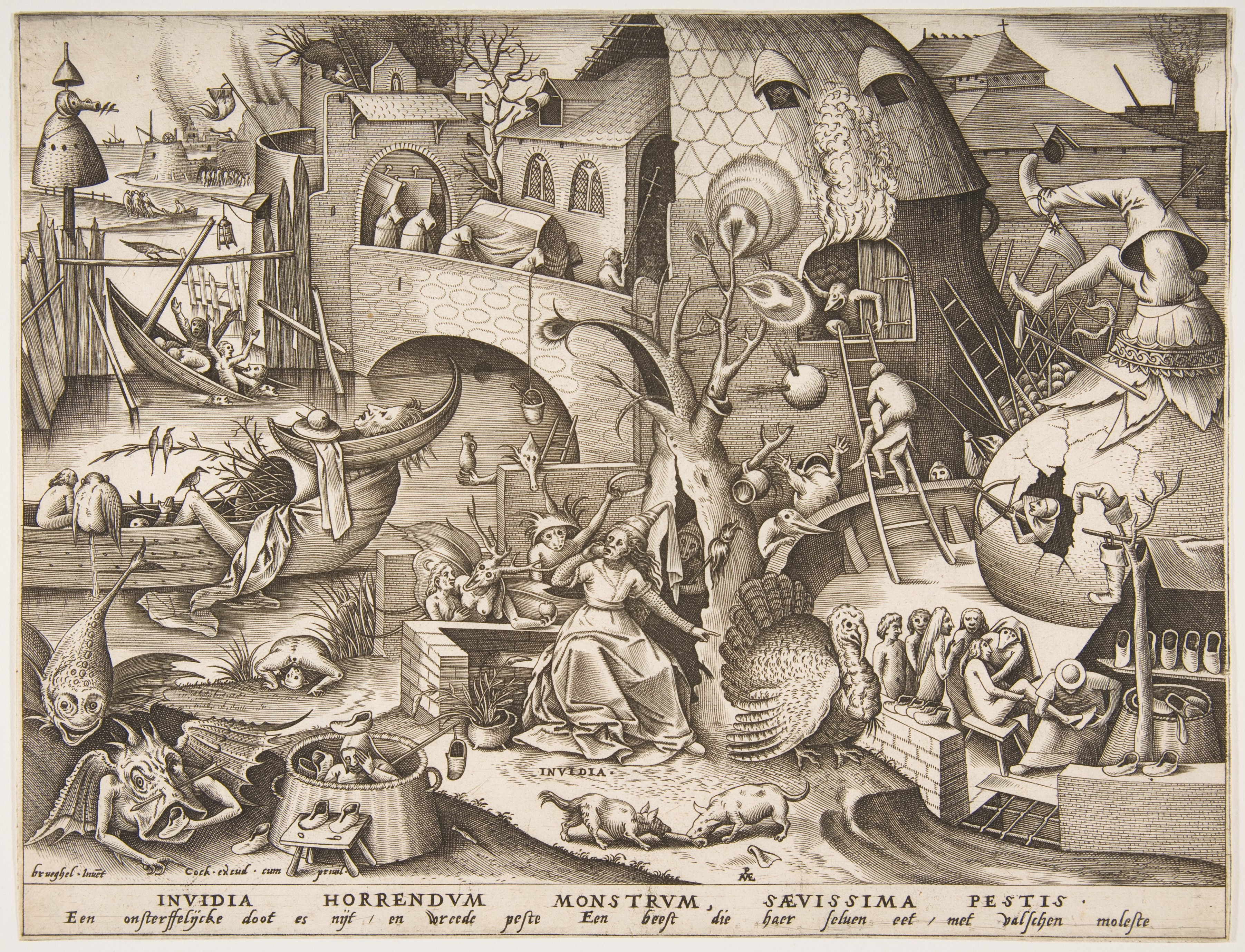 An intricate medieval illustration depicting various surreal and chaotic scenes, with fantastical creatures and distorted human figures, titled "Invidia," attributed to Pieter Bruegel the Elder.