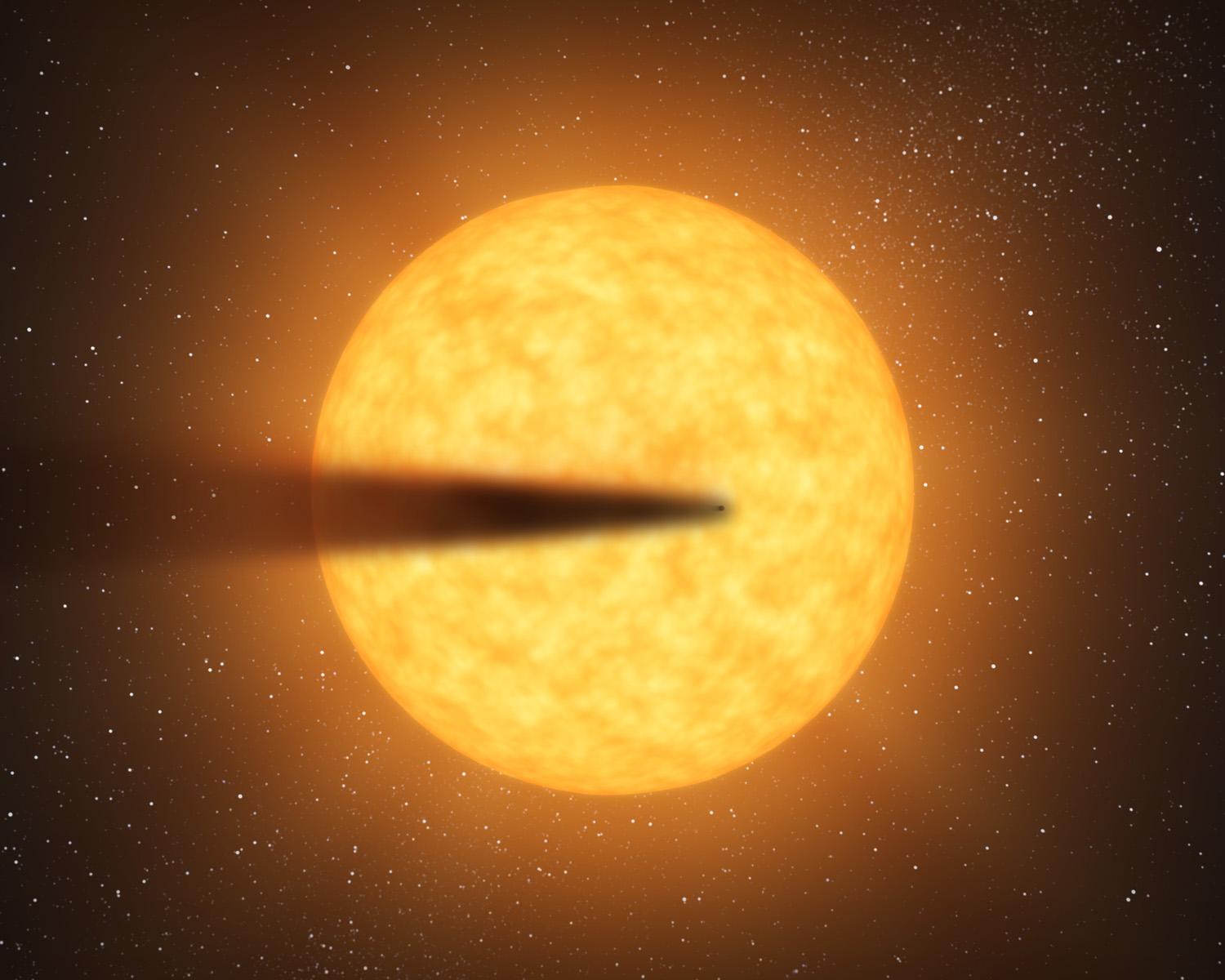 Illustration of a bright orange star with a dark, dust-like trail extending from its surface into space, reminiscent of how the JWST observes vaporizing rocky exoplanets against a backdrop of shimmering stars.