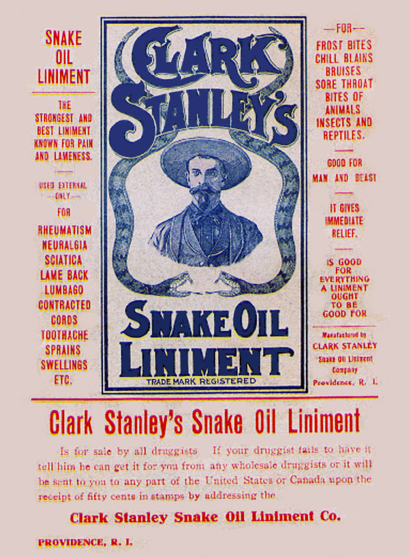Vintage poster for Clark Stanley's Snake Oil Liniment, featuring a cowboy and promotional text detailing its claimed uses for various ailments.