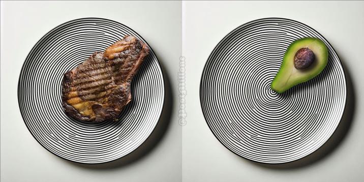 A grilled steak on a striped plate is shown on the left, and a halved avocado with the pit on a similar plate is on the right.
