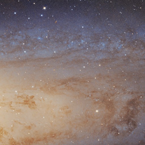 A galaxy with bright stars and swirling clouds of dust creates the largest galactic mosaic, set against a dark space backdrop.