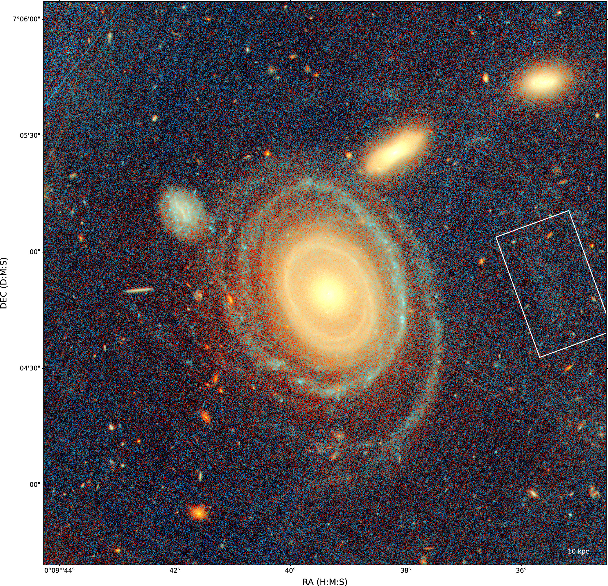 This image showcases a spiral galaxy with a luminous core and distinct arms, resembling the bullseye ring galaxy. Several smaller galaxies and stars twinkle in the backdrop, while a rectangular overlay highlights a section on the right.